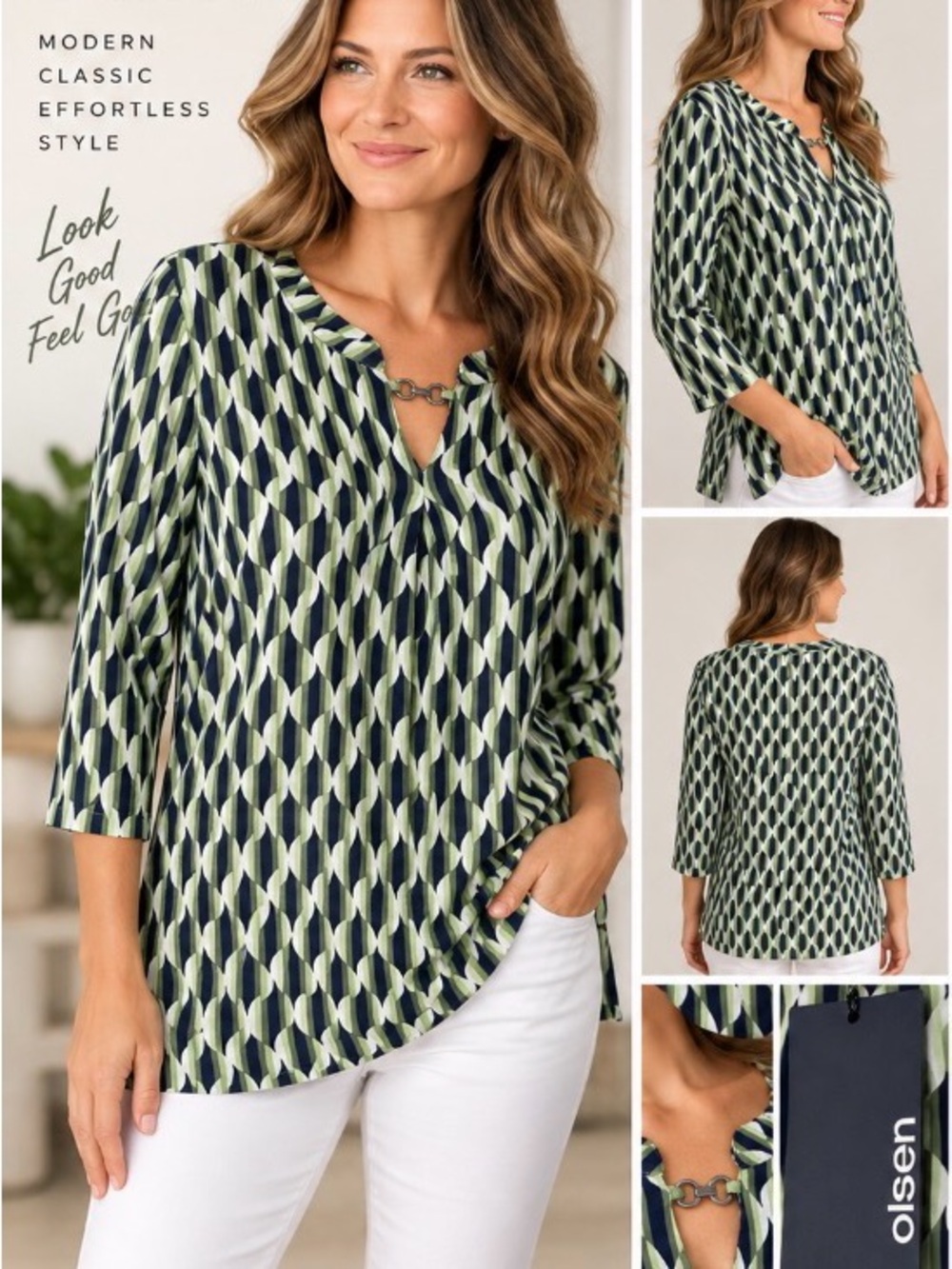 Olsen NWT Geometric Print 3/4 Sleeve Tunic Blouse Green Navy Size 14/large